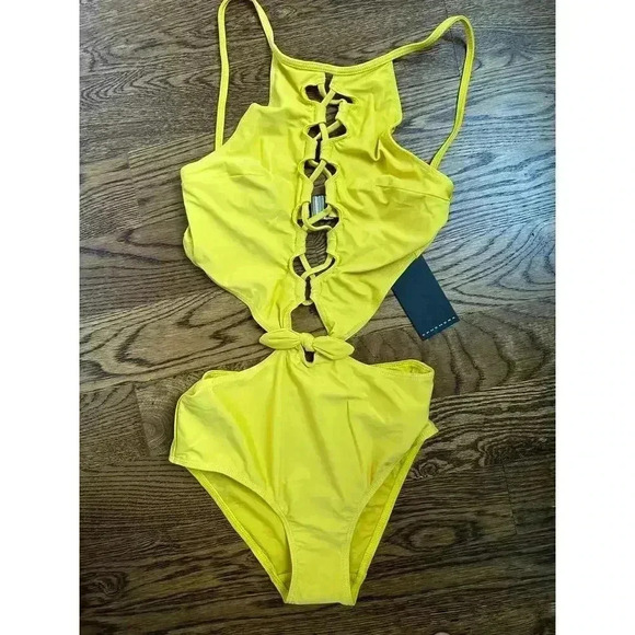 EPHEMERA Mustard Woven One Piece Swimsuit In Yellow NEW NWT! - Picture 4 of 5